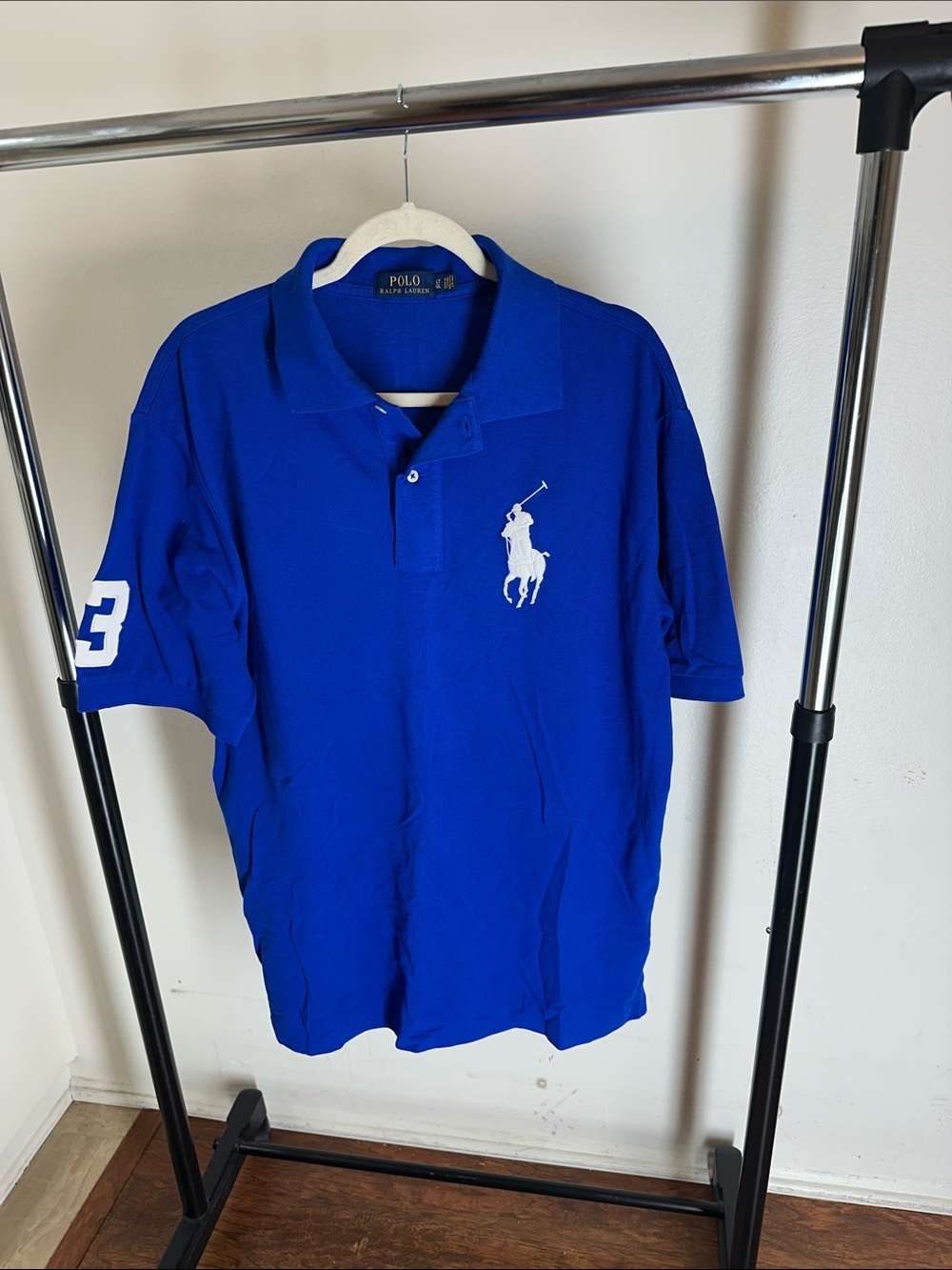 Polo by Ralph Lauren Men’s Blue Polo with White Pony & Sleeve Number